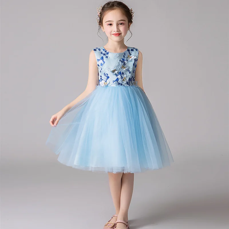 Кружевное праздничное платье принцессы с вышитой бабочкой и аппликацией; вечернее свадебное платье для девочек; костюм ведущего; Сетчатое детское платье для девочек - Цвет: BLUE
