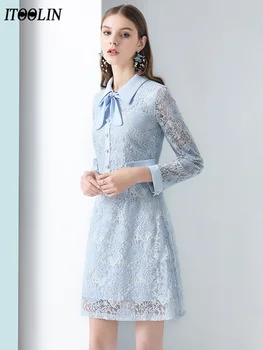 

ITOOLIN Runway Embroidery Party Elegant Dresses 2020 Spring Autumn Women Lace Midi Dress Sky Blue Patchwork Bow Collar Dress