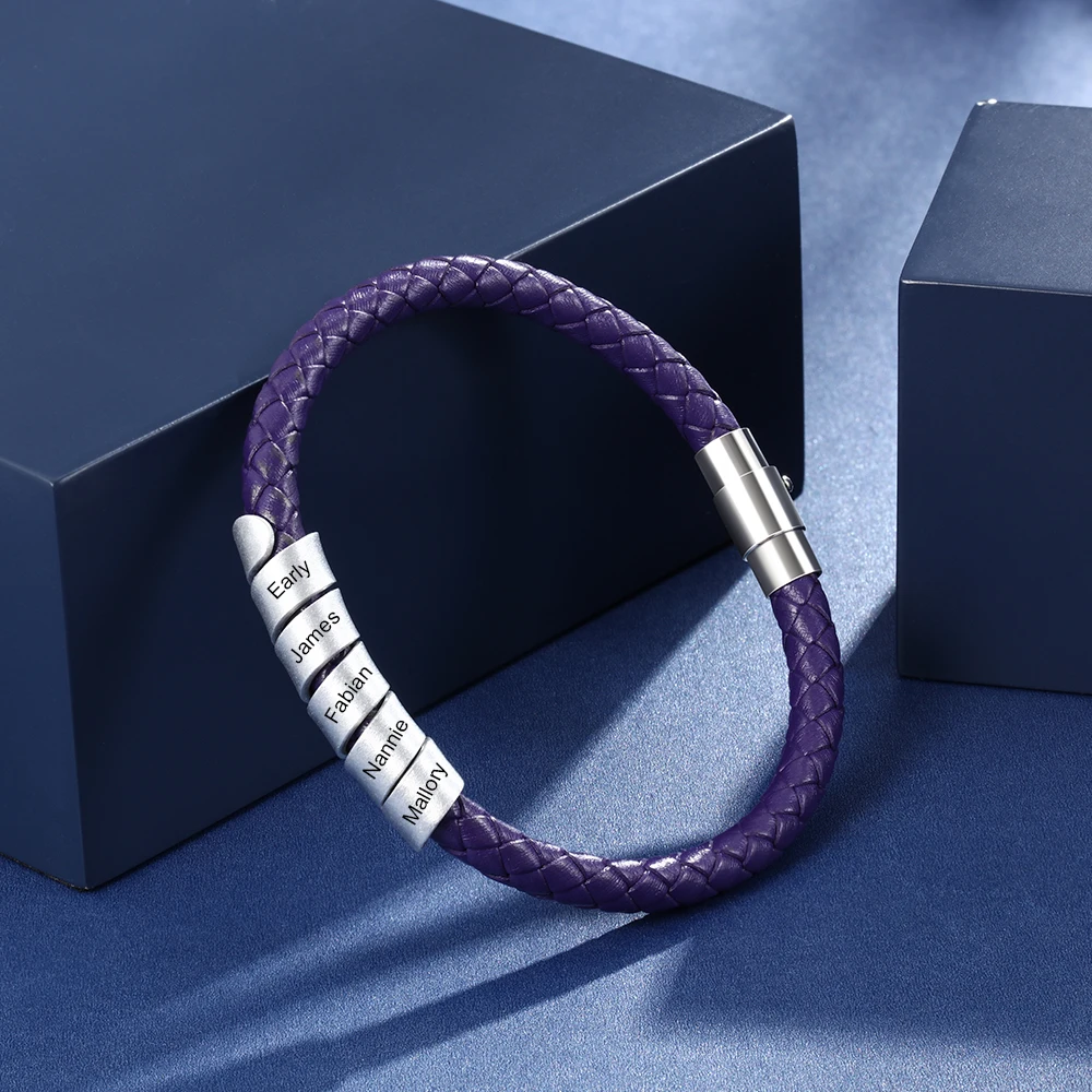 Personalized Family Names Bracelets with 5 Custom Beads Stainless Steel Purple Braided Rope Bracelets for Women Mother's Gift