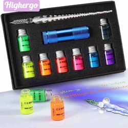 Highergo – ensemble de stylo en verre, 10 pièces/boîte, avec encre fluorescente Invisible, lampe de poche UV, kit calligraphie, Glass Pen, pour écriture, dessin, cadeaux artistiques 
