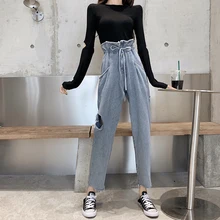 Харадзюку НОВЫЕ шикарные рваные джинсы корейские женские с высокой талией для женщин размера плюс свободные модные джинсы с карманами женские джинсовые джинсы femme