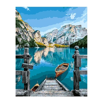 

A new painting drawn by numbers for adults and children-Lake under the mountain. Free digital kit, including pens and photos