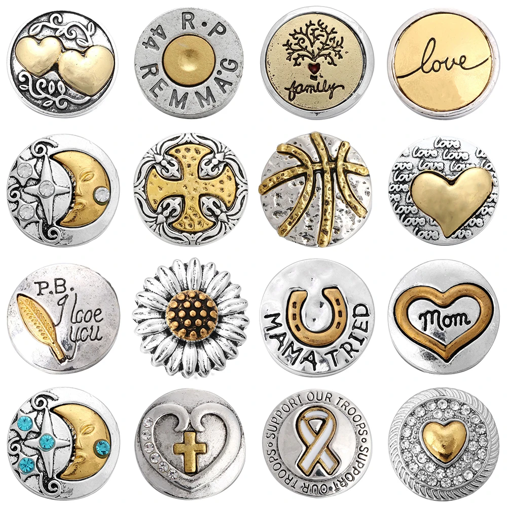 

6pcs/lot Snap Buttons Jewelry Gold Heart Family MOM Love Metal Fit 18mm Snap Button Bracelet Jewelry DIY Accessories