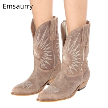 

Chic 2020 Sewing Winter Mid Calf Boots Women Med Square Heel Pointed Toe Luxury Suede Slip-on Runway Botas Mujer