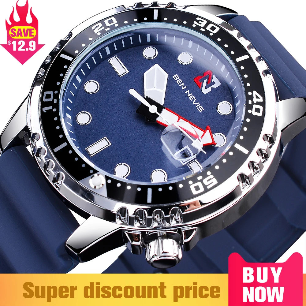 BEN NEVIS Sport Series Quartz Watch Men Navy Blue Dial Waterproof Men's Wristwatch Clock Rubber Watch Strap Hombres Relojes