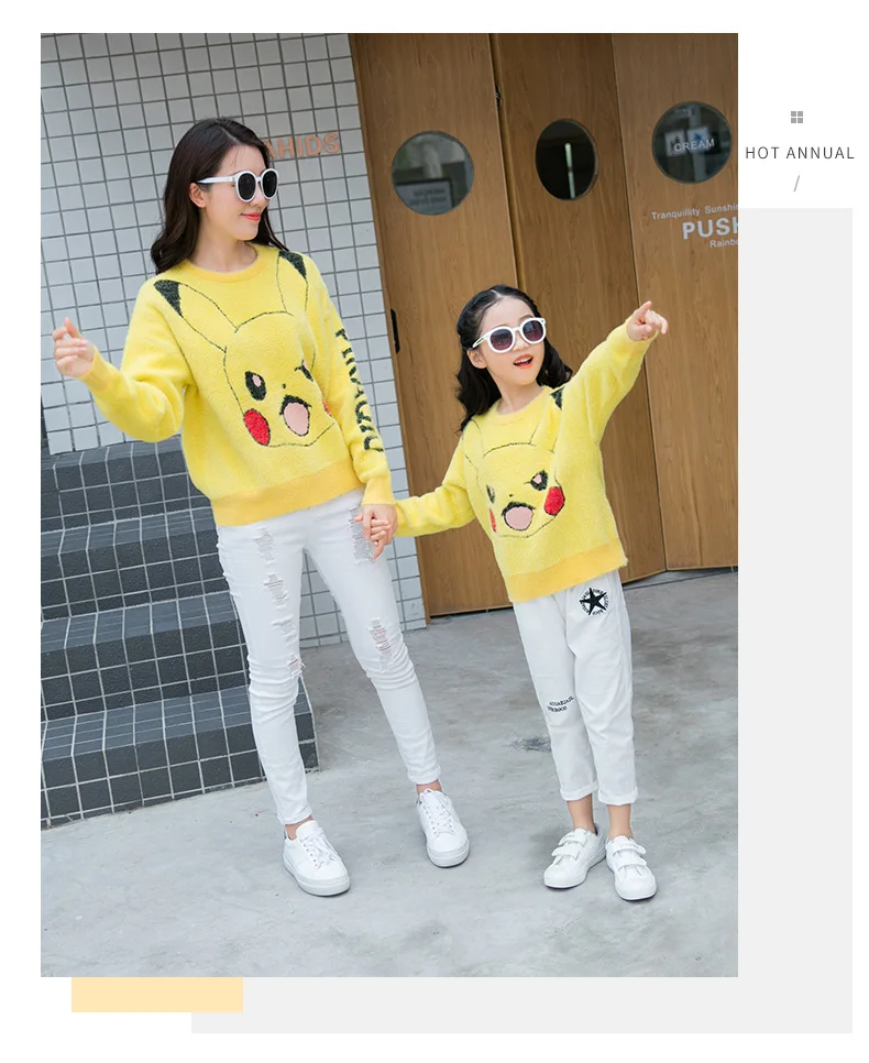 Cartoon Pikachu Family Sweater Winter Mommy Daughter Clothes Pajamas Family Matching Outfits New Mother Daughter Family Outfits