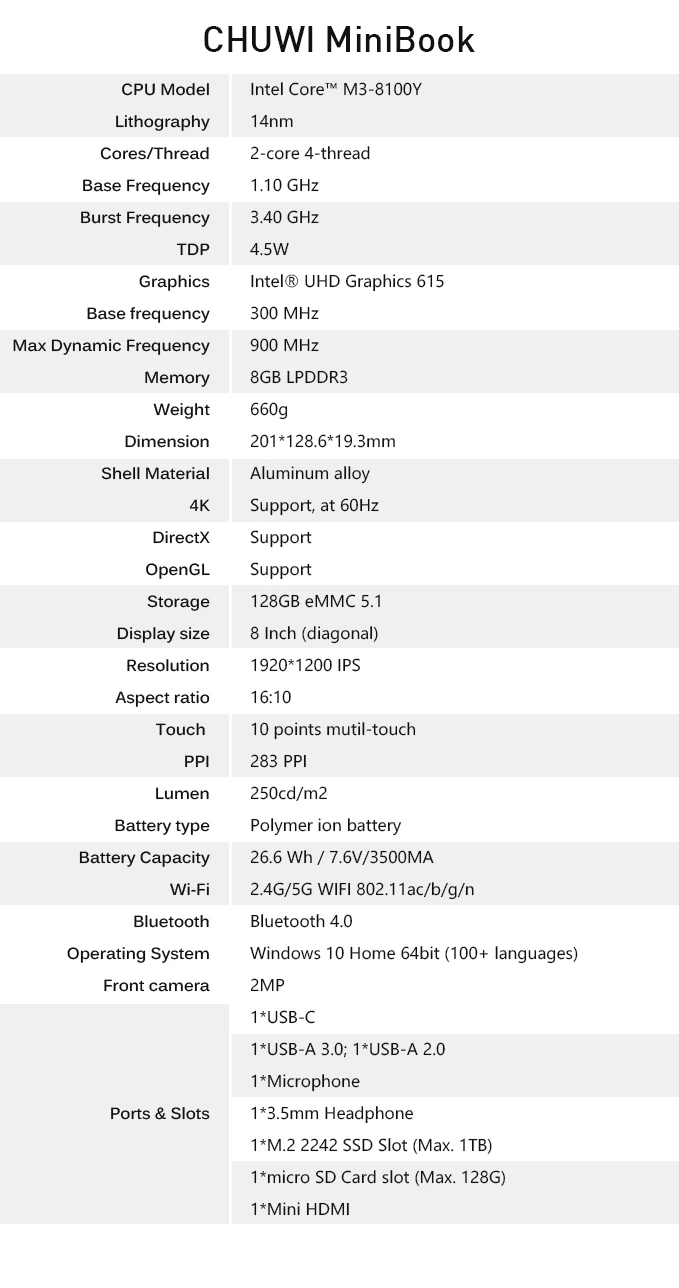 CHUWI MiniBook 8 дюймов ips экран Процессор Intel Core M3 8100Y Windows 10 OS 8 ГБ 128 Гб карманный ноутбук с подсветкой клавиатуры