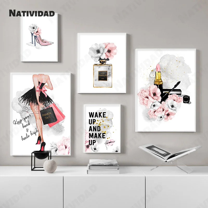 

Pink and White High Heels Text Art Mural Canvas Painting Simple Style Picture Exquisite Girl Cosmetics Design Bedroom Hall Home