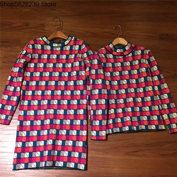 

White Lily Contrast Color Square Grid Sweater Knitting Skirt Long Sleeve Women's Dress