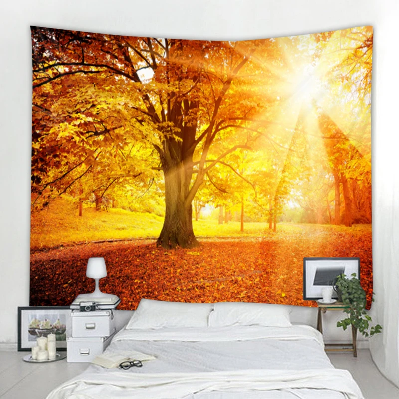 Nordic Nature Landscape Tapestry Sunshine Maple Forest Decoration Wall Tapestry Art Deco Blanket Curtain Hanging at Home Bedroom