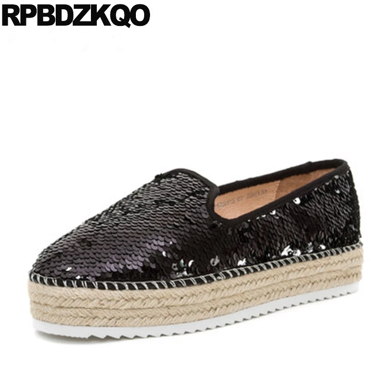 

platform beautiful muffin loafers glitter women flats elevator autumn spring bling sequins single shoes espadrilles hemp black