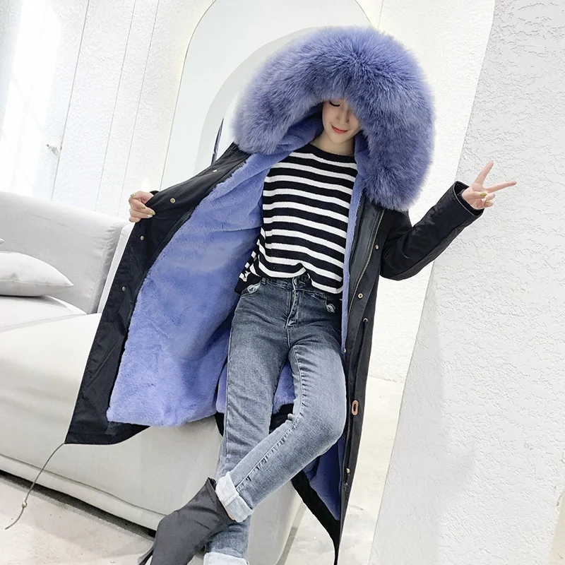 black light blue fur Новинка года; модное зимнее пальто с мехом для женщин и девочек парка с капюшоном из искусственного кроличьего меха утепленная верхняя одежда - Цвет: black light blue fur