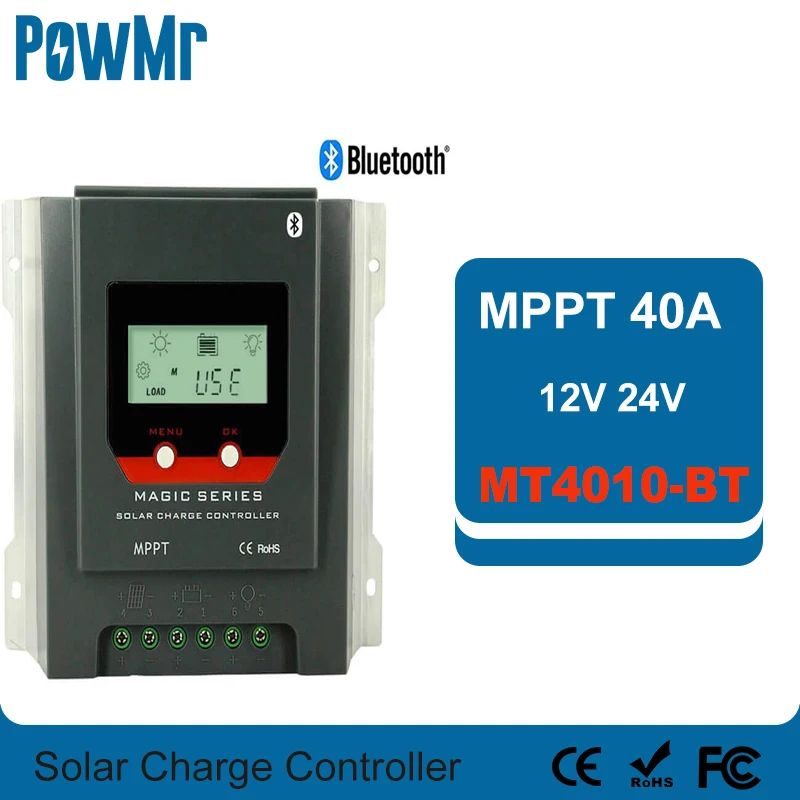 40A 12V 24V MPPT Solar Controller Wireless Monitoring With Bluetooth Charge Lithium Liquid Gel Flooded Batteries And LCD Display
