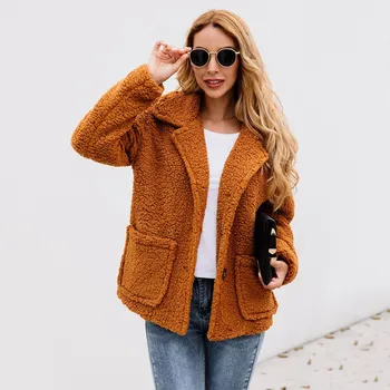 

New Women Solid Color Coat Autumn Winter Loose Casual Long Sleeve Warm Cashmere Wool Coat Ladies Fashion Pocket Lapel Blend Coat