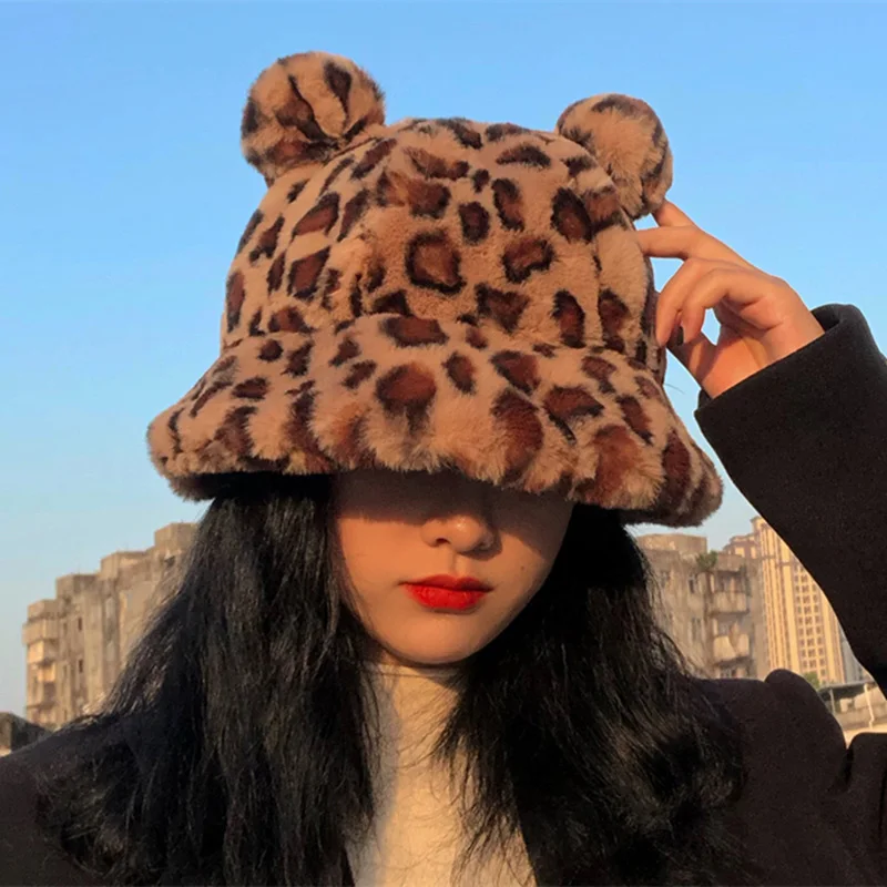 

Hat Women Autumn/winter Fashion Leopard Print Fisherman Hat Cute Bear Ears Plush Warmth Thick White Pink Black Khaki Basin Hat