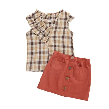 

2020 New Fashion Summer Casual Children Sets Ruffles Plaid T-shirt+ Shorts Girls Clothing Sets Kids Summer Suit For 1-6 Years