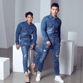 

2020 Tide brand hole personality blue denim jumpsuit men's fashion cotton denim slim jumpsuit costumes