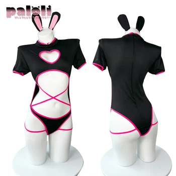 Paloli Sexy Women Bodysuit Heart-Shaped Hollow Design Black And Pink Bunny Cosplay Costumes Tempatation Lingerie Skinny 2021 New 5
