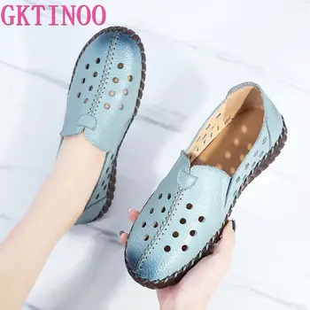 

GKTINOO 2020 Summer Genuine Leather Vintage Loafers Shoes Women Lazy Slip-On Handmade Leather Breathable Hollow Soft Shoes Woman