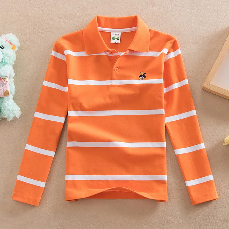 Коллекция года, весенне-осенняя футболка для мальчиков рубашка в полоску с длинными рукавами хлопковые лацканы для мальчиков, топы с круглым вырезом, повседневная одежда для подростков - Цвет: Orange