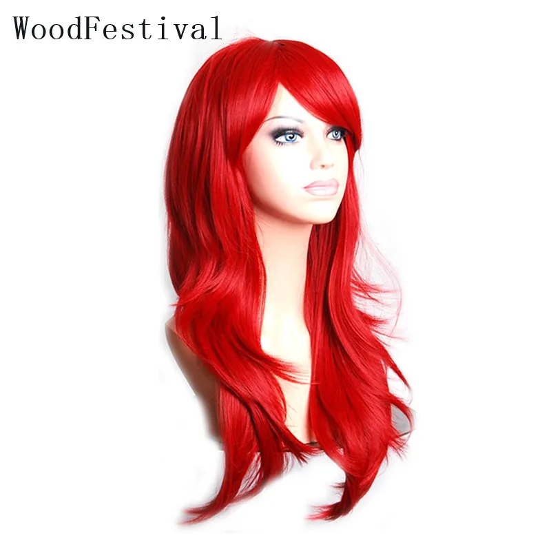 

WoodFestival Heat Resistant Wigs Synthetic Hair Women Long Cosplay Wig With Bangs Wavy Pink Red Brown Purple Black Blue Blonde