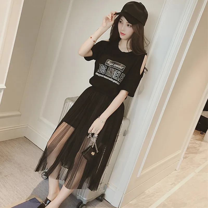 

Woman Summer Korean Off Shoulder T-shirt and Mesh Lace Casual Dress 2 Set 2019 Fall Fashion Autumn Clothes Dresses xxl