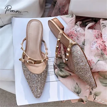 

Prowow Spring Summer Gold Blingbling Shoes Woman Slippers Pointed Toe Metal Studded Women Shoes Slippers Lady Mules Shoes Woman