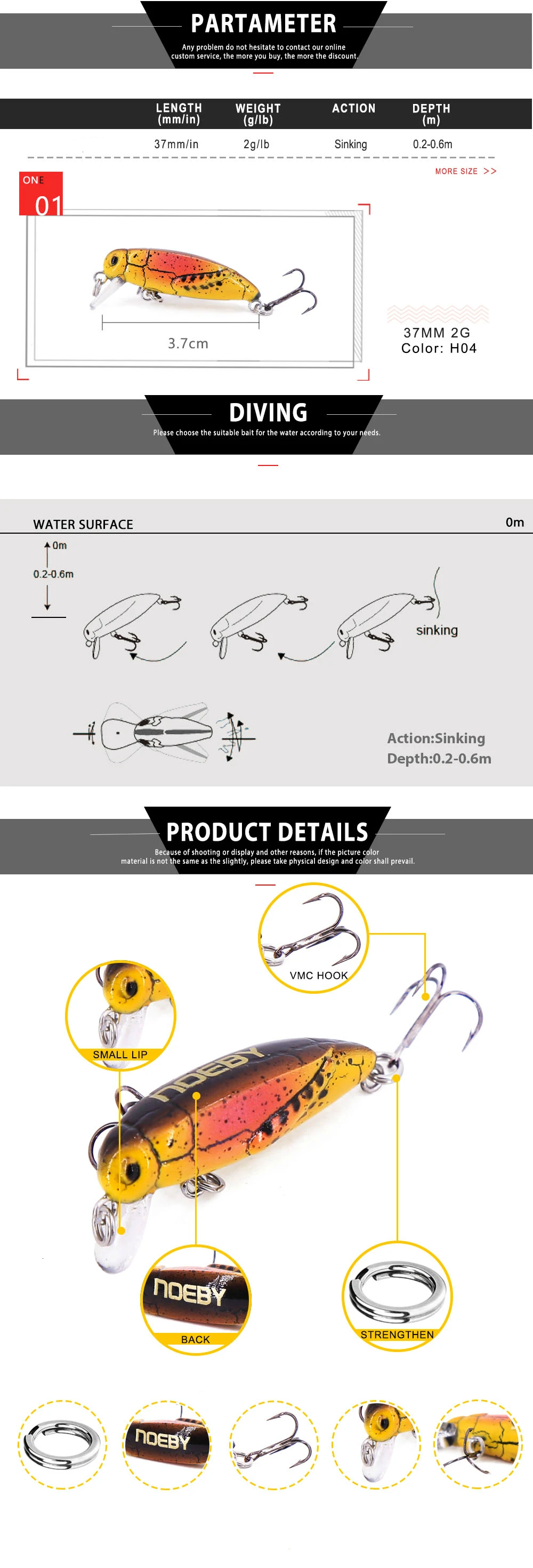 NOEBY 37 мм 2 г против насекомых для рыбалки приманка с двумя острыми крючками верхняя вода 0,2-0,6 м тонущие жесткие приманки 3D симуляции приманка для рыбалки с глазками