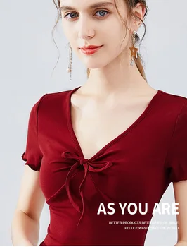 

2020 summer new short-sleeved t-shirt female lace bow half-sleeved sexy low-cut deep v cotton t-shirt