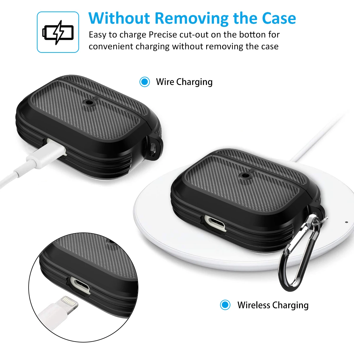 Carbon Fiber Silicone Case for AirPods Pro Full-Body Rugged Protective Cover with Keychain for Apple Airpods Pro Shockproof Case