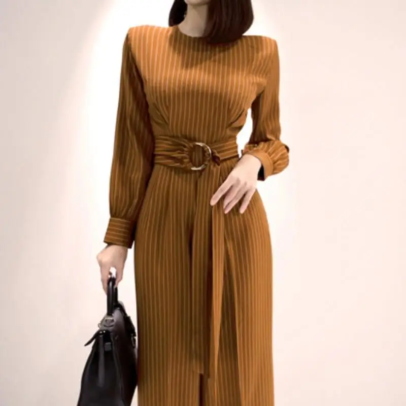 Женская модная элегантная Офисная Рабочая одежда, повседневные Комбинезоны в полоску, длинные штаны, комбинезоны, комбинезон с ремнем, офисный женский свободный комбинезон с круглым вырезом