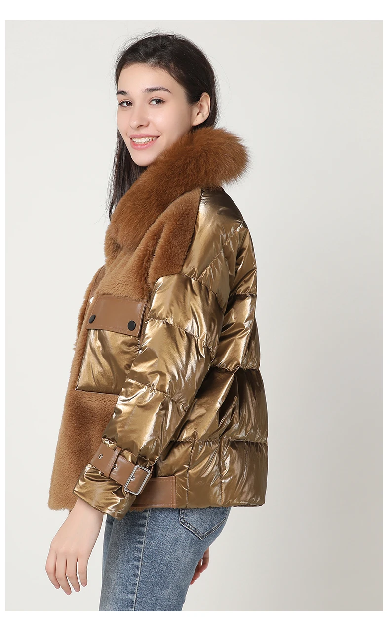PTSLAN Women's Real Wool Fur Jacket Duck Down Coat Hooded New fashion