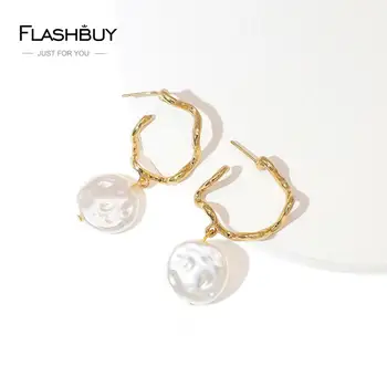 

Flashbuy Fashion Statement Earrings Irregular Pearl Metal Geometric Pendant Earrings For Women Minimalist Jewelry INS