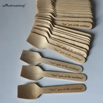 

100pcs Personalized Wedding Party Mini Spoons Candy Buffet Disposable Wooden Dessert Ice Cream Spoons Custom Engraved Spoons