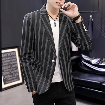 

Brand Men Slim Suit Jacket Masculino Stripe Single Button Business Coat Men's Slim Fit Suit Jacket Retro Casual Blazer Hombre