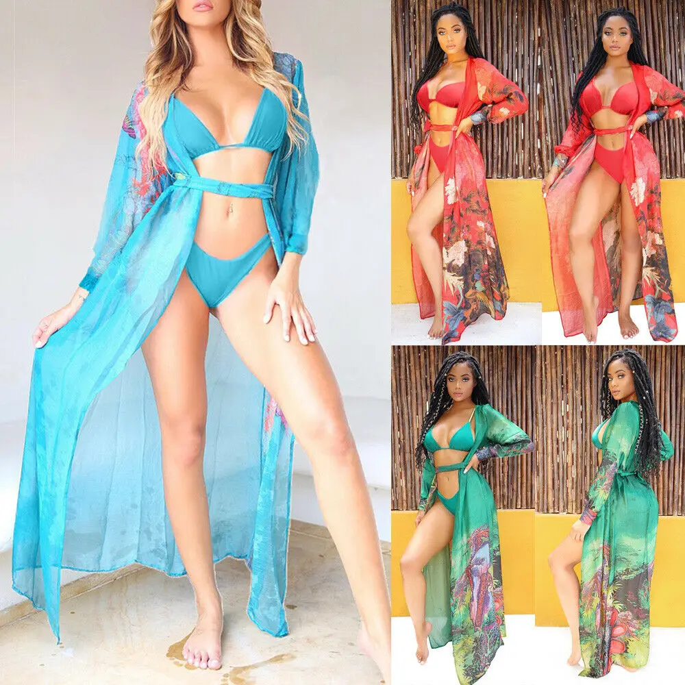 

2019 Fashion Women Long Print Floral Beach Wrap Bikini Cover Up Kimono Cardigan Boho Dress