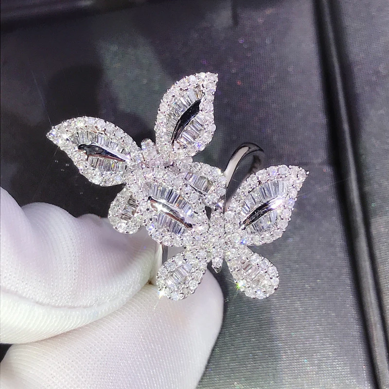 Серебро 925 пробы Кольцо C настоящим бриллиантом AAA 2 карата обручальное кольцо для красивых женщин две бабочки белый топаз драгоценный камень ювелирные кольца
