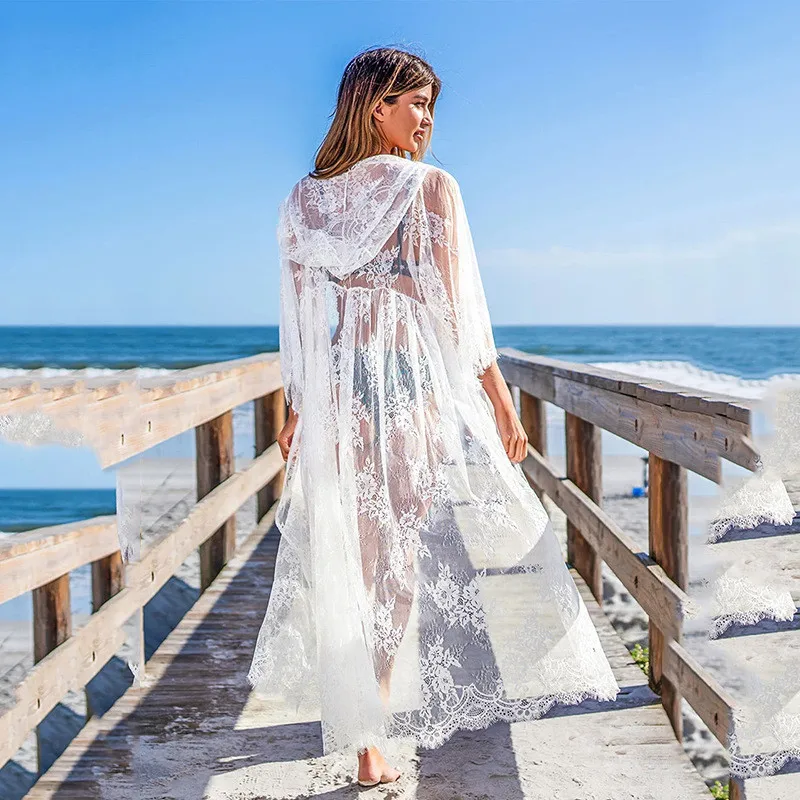 Hooded Sheer Lace Beach Cover Up Long Cardigan Women Swimwear Beach Dress Kaftan Swimsuit Cover-Ups Bathing Suit Beachwear Tunic - 2