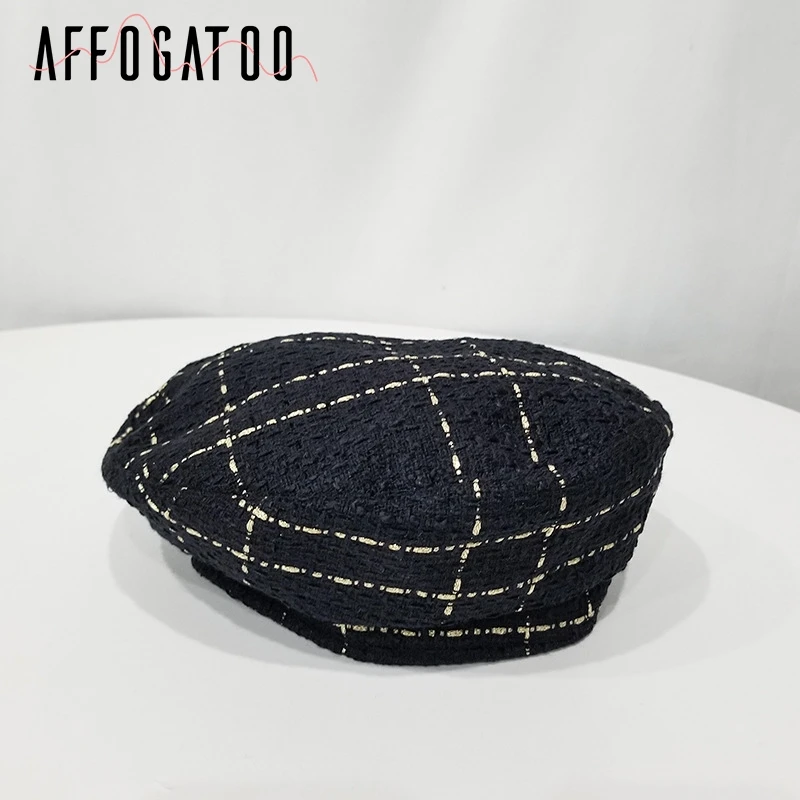 Тёмно-синий Afogafoo/модные твидовые клетчатые женские шапки-береты на плоской подошве, элегантные осенне-зимние корейские женские шапки, Повседневная Регулируемая женская шляпа художника - Цвет: Тёмно-синий