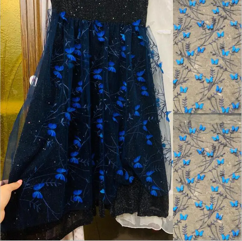 Темно-Синяя Прозрачная сетчатая кружевная 3D вышитая кружевная ткань с бабочкой для юбочного платья, свадебное украшение, сделай сам, 50 см* 130 см