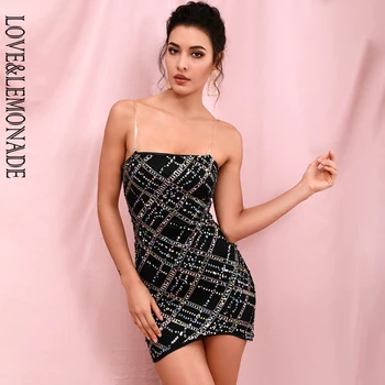 

LOVE & LEMONADE Sexy Tube Top Transparent Strap Colorful Plaid Sequins Bodycon Party Mini Dress LM82407