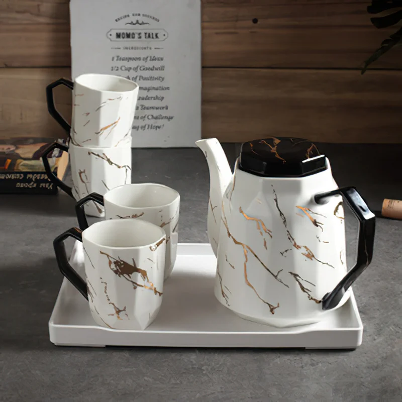 

Ceramic Coffee Tea Set Nordic Marble Gold Pattern Pot Cup Tray Water Ware Bar Decoration Household Kitchen Supplies Drinkware
