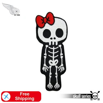 

Red Bow Skull Embroidery Patches Motorcycle Iron on Patch for Clothing Lady Rider DIY Stickers Cute Accessories Kids Appliqued