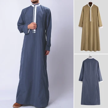 

Men Long Shirts Muslim Kaftan Islamic Robes Man Long Sleeve Stand Collar Patchwork Thobe Dubai Saudi Arabia Vintage Robe S-5XL