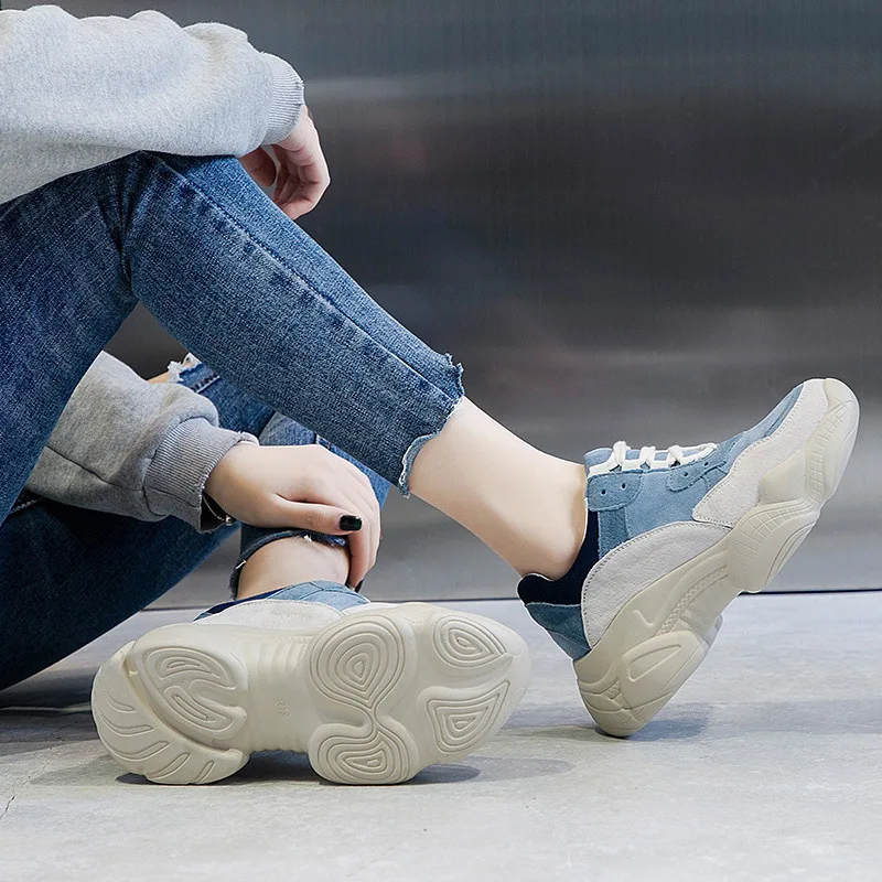 

Athletic Shoes Women's Genuine Leather High-Heel Thick Bottomed Lace-up GIRL'S Blue Casual Shoes 2019 Spring New Style without F