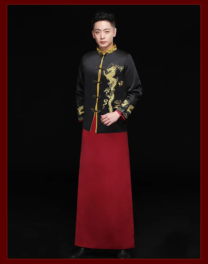 Мужской красный cheongsam тост костюмы костюм жениха куртка длинное платье Традиционный китайский стиль Свадьба Qipao для мужчин вышивка Тан костюм