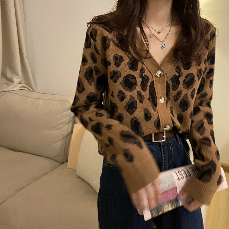 Short Leopard Print Sweater Cardigan Jacket Knitwear Spring and Autumn 2021  New All match Outer Wear Long Sleeve Base Top|Cardigans| - AliExpress