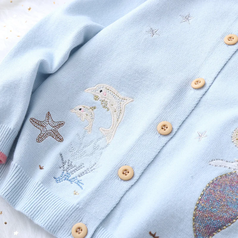 Autumn Girls Sweater Embroidery Cardigans Toddler Girls Jumper Knitwear Childrens Long-Sleeve Cartoon Mermaid Kids Sweater Coat