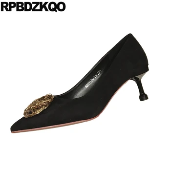 

kitten black brand size 4 34 scarpin thin medium heels korean pointed toe ladies blue suede shoes women 2019 pumps stiletto high