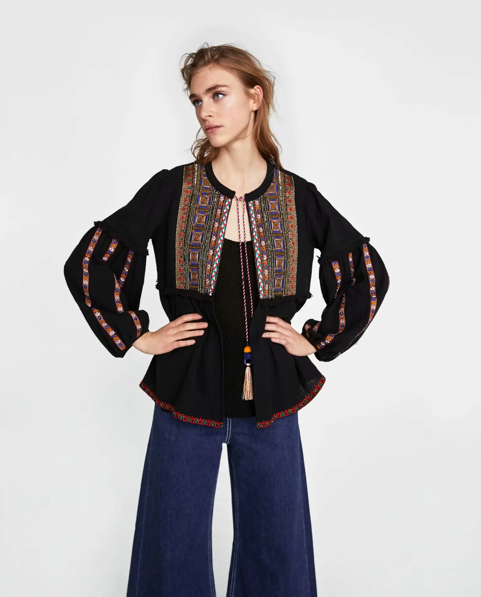 

2018 Autumn New Style Europe And America WOMEN'S Dress Bohemian Ethnic-Style Front Pocket Embroidered Lace-up Long-sleeved Coat